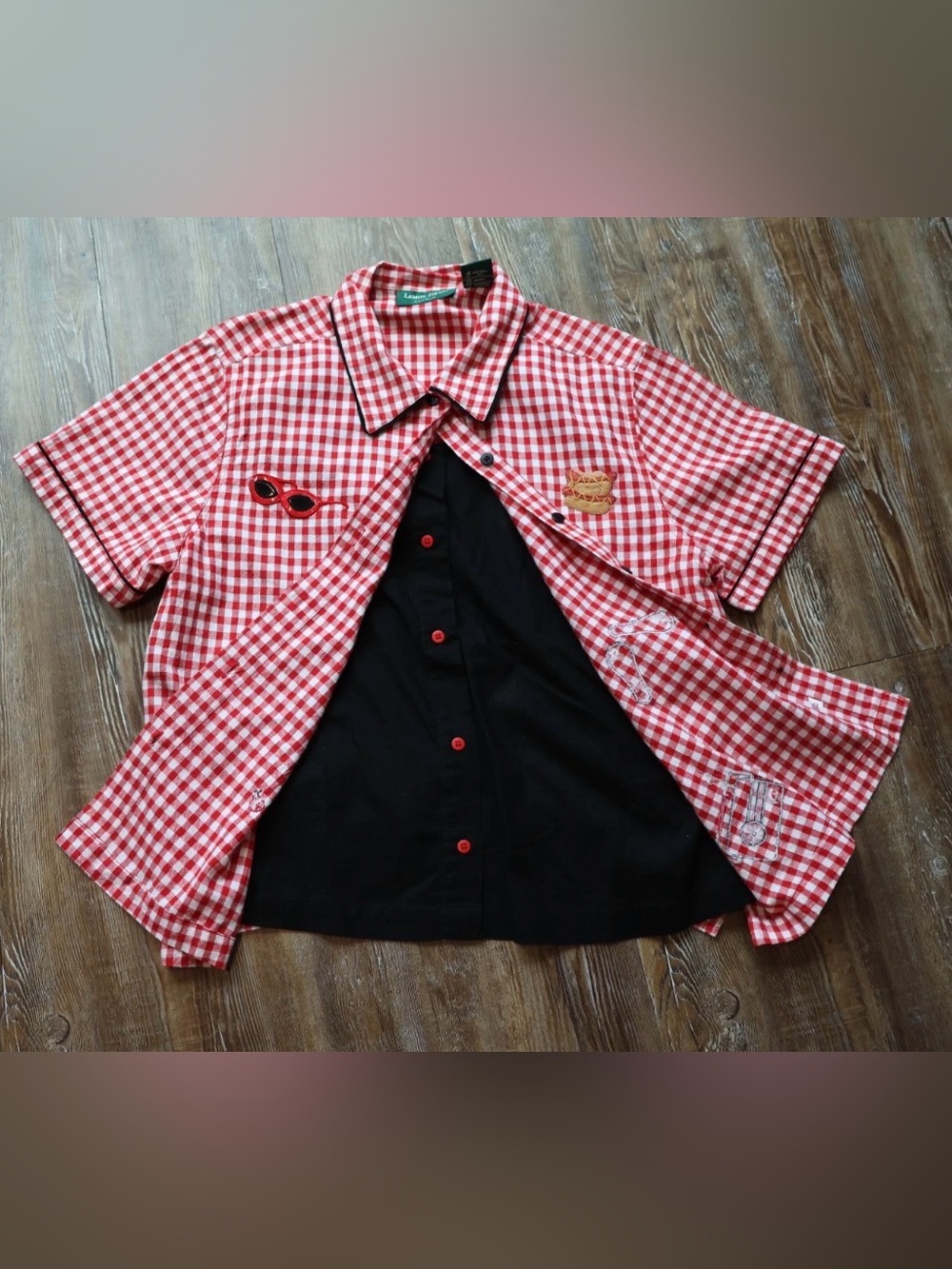 Red Gingham Picnic Novelty Applique Rockabilly Blouse Top Womens Large - Picture 2 of 16